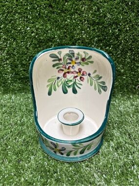 Hand-Painted Floral Ceramic Wall Pocket Candle Holder - Green Trim
